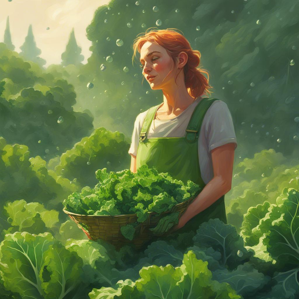A huge pile of fresh, green kale with drops of dew in a bright and sunny scene, emphasizing its vibrant leaves. Flo happily munching on kale.