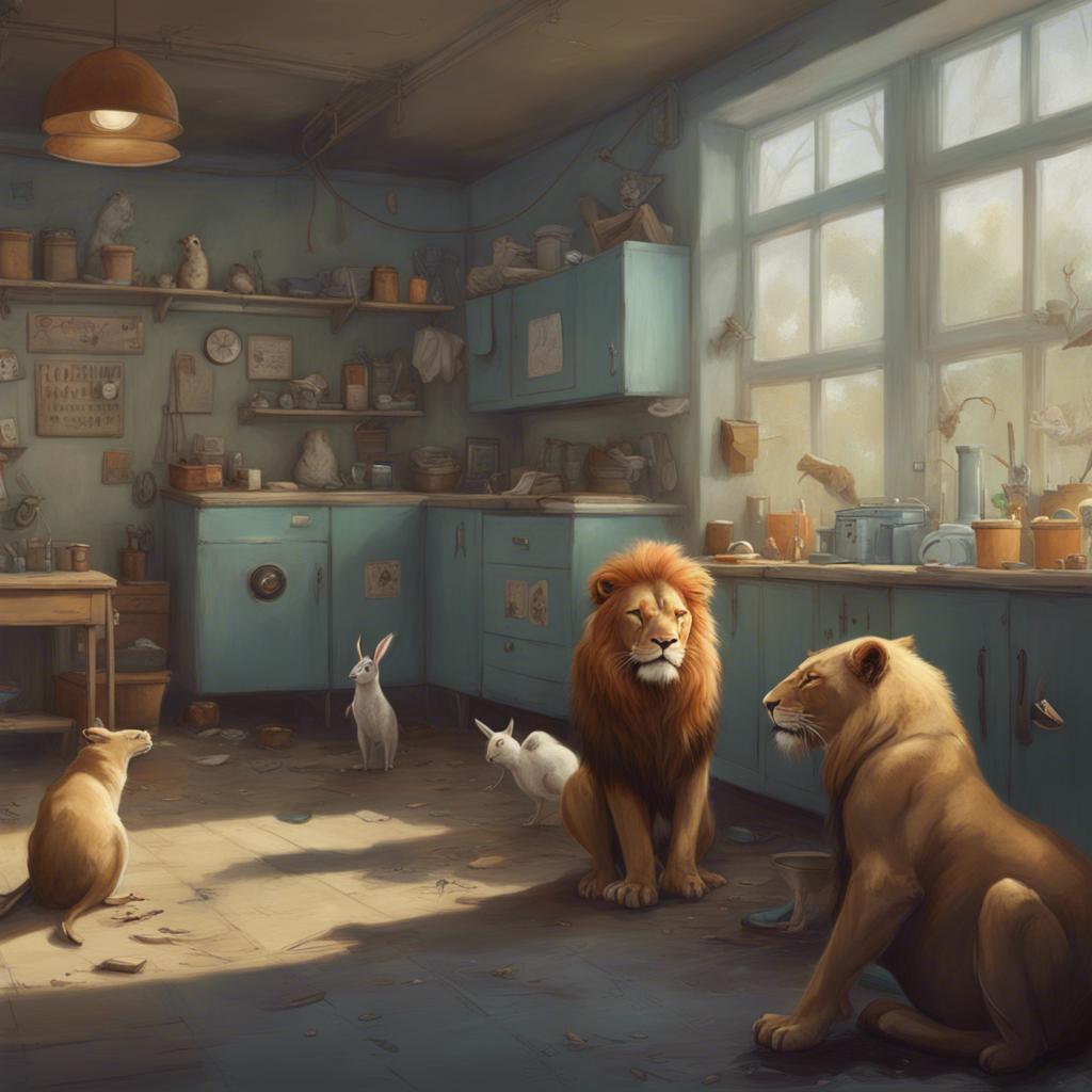 Flo's clinic, a whimsical space with happy animals like lions, birds, and rabbits. All animals looking cheerful and healthy, waiting for their turn.