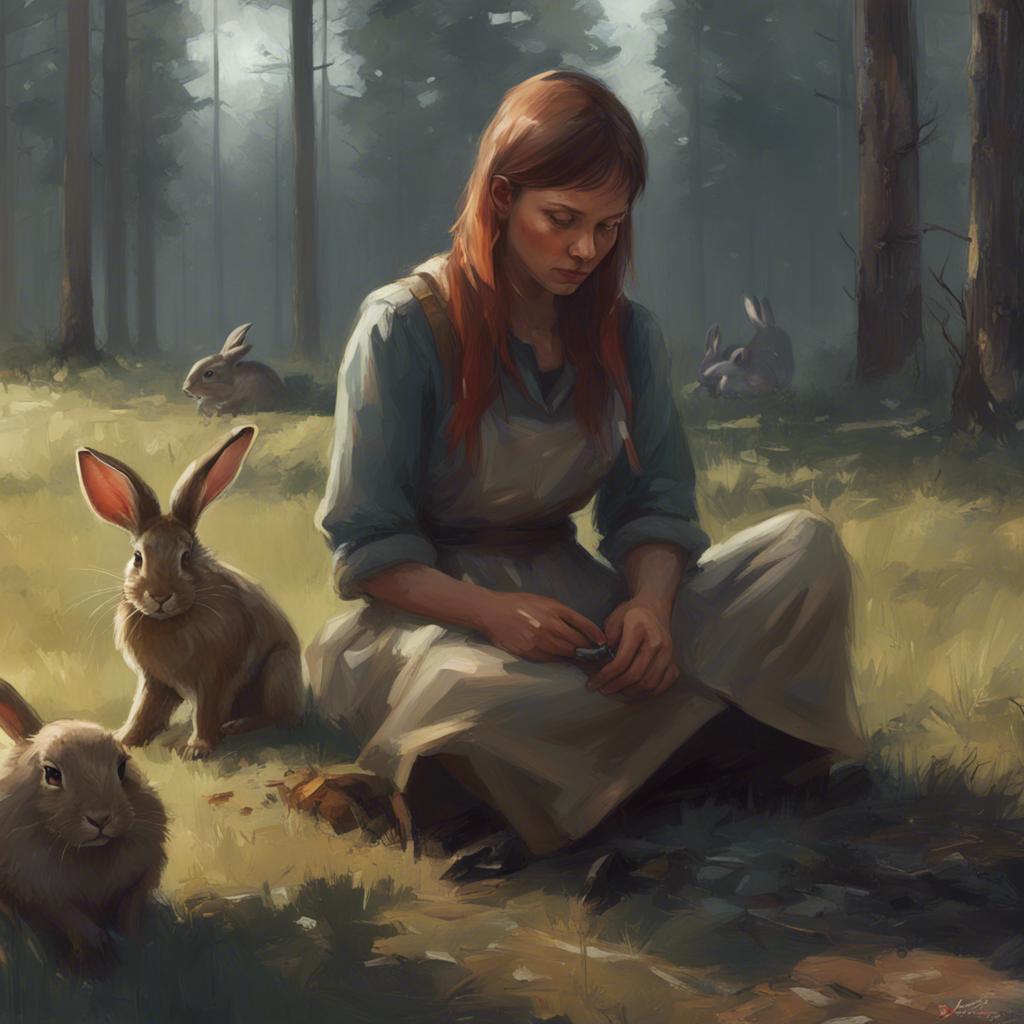 Flo tenderly examining a rabbit, showing care and compassion. The rabbit is sitting calmly as other animals look on with trust in Flo.