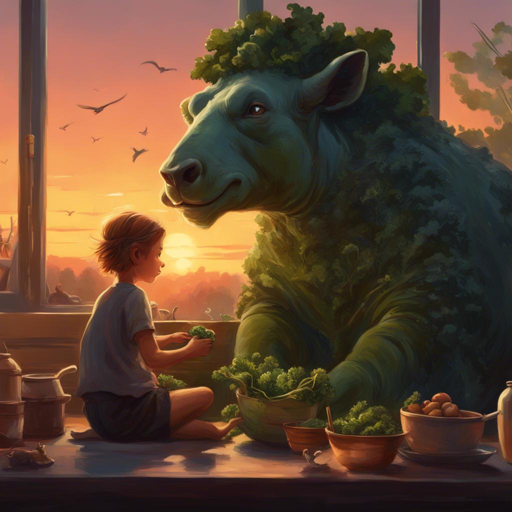 Flo happily enjoying a big bowl of kale at sunset, surrounded by joyous animals, thinking about his plans for helping others tomorrow.