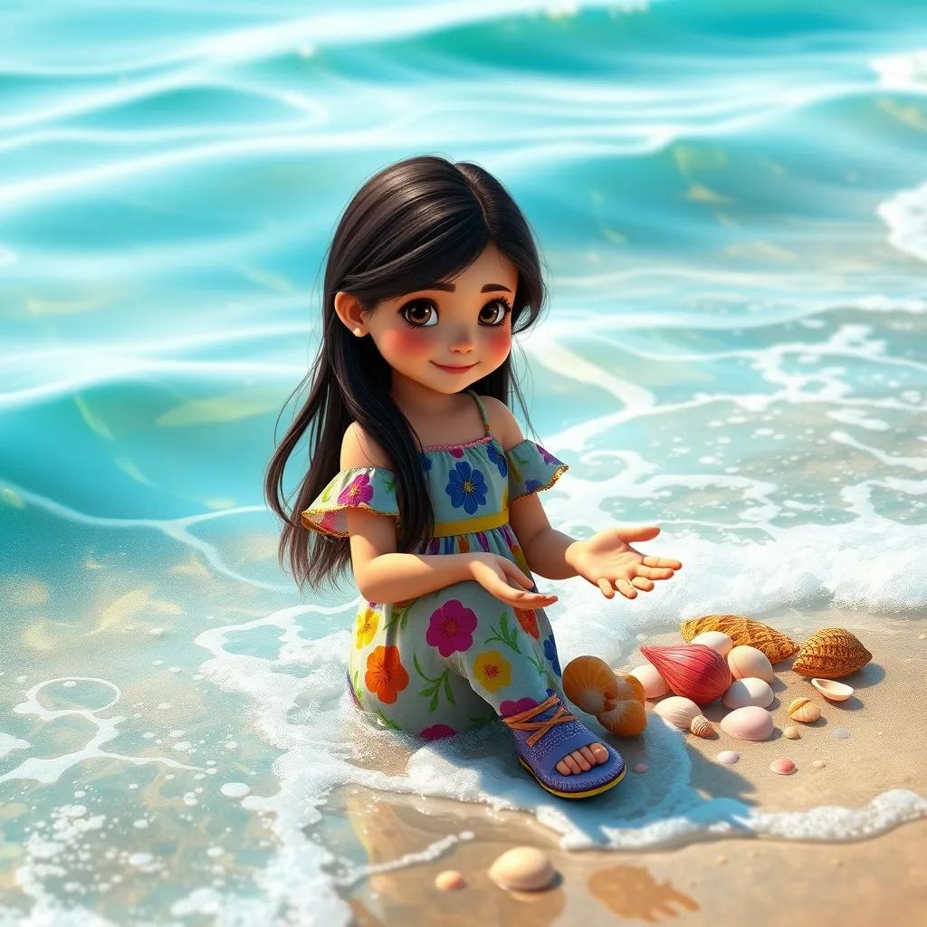 A young Arab girl, Laina, with long dark hair, wearing a colorful summer dress, collecting colorful seashells by the shore, surrounded by soft waves, bright sunlight, vibrant ocean colors, high quality