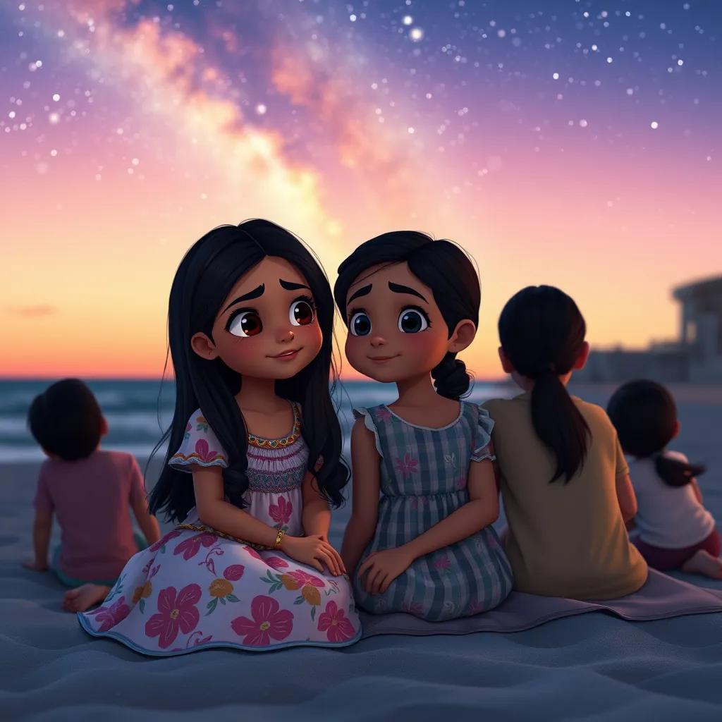 A young Arab girl, Laina, with long dark hair, wearing a colorful summer dress, sitting with her family on the beach, gazing at the starry night sky, cozy feeling, warm tones, heartwarming scene, high quality