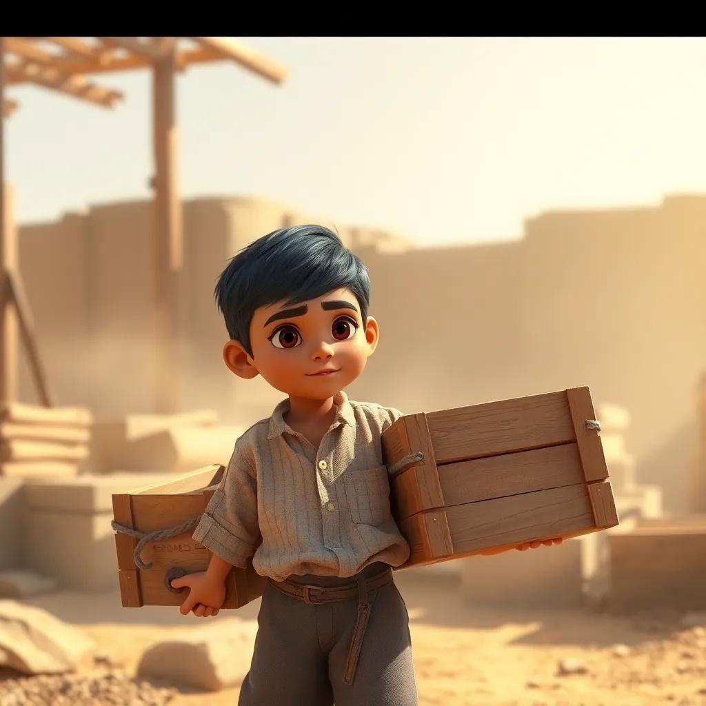A young Arab boy, Adam, with short black hair wearing a simple shirt and pants, working hard in the hot sun, holding wooden boxes, bright sunlight, dusty environment, determined expression, digital art, realistic, warm colors, high quality