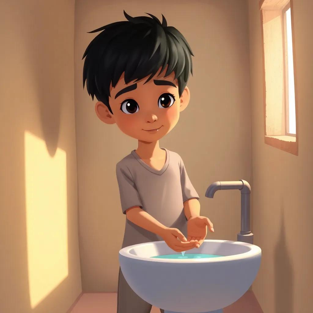 A young Arab boy, Adam, with short black hair wearing a simple shirt and pants, standing in a small home, washing his hands and face at a basin, warm light coming from a small window, inviting atmosphere, digital illustration, heartwarming, detailed