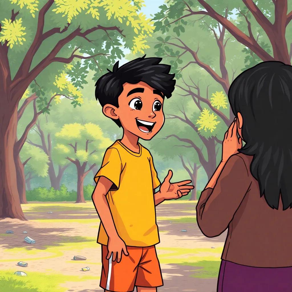 A young Arab boy, Karim, with short black hair, wearing a bright t-shirt and shorts, excitedly talking to his friend in a park filled with trees and a little trash around, vivid colors, cheerful atmosphere, digital art, high quality