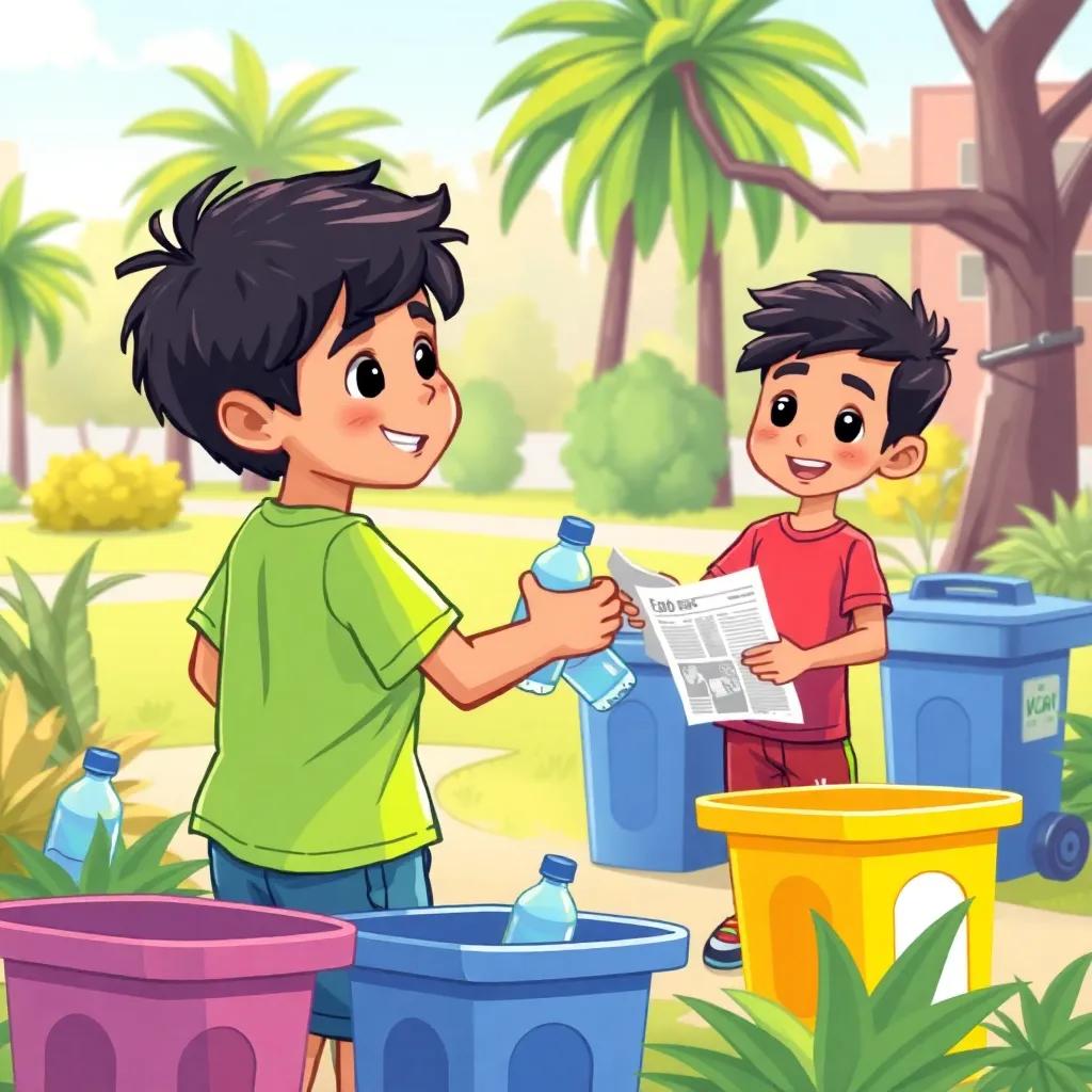 A young Arab boy, Karim, with short black hair, wearing a bright t-shirt and shorts, happily collecting plastic bottles and newspapers with his friend, surrounded by greenery and trash bins in a sunny park, colorful illustration, energetic vibe, child-friendly