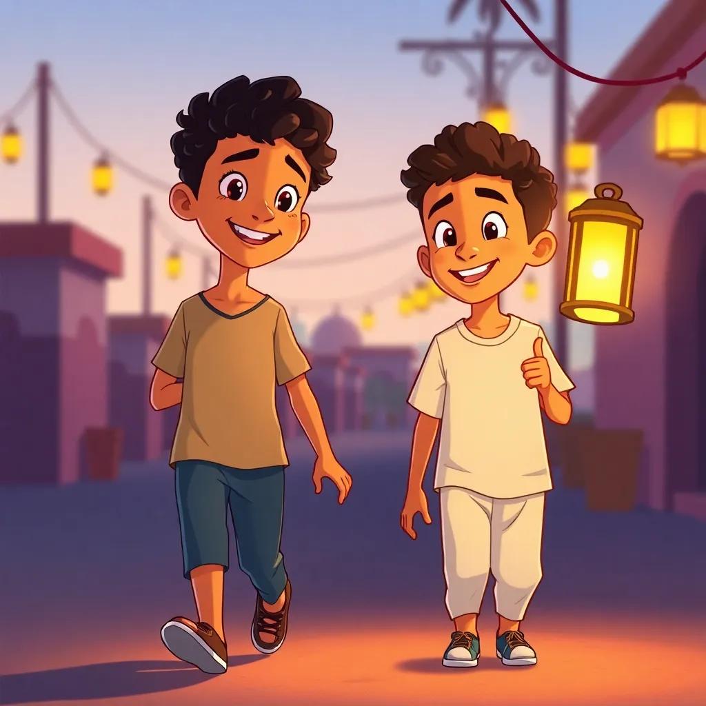 Sami walking along with his friend Ali, also an Arab boy with short curly hair, wearing a simple t-shirt, both are smiling and chatting about the lantern, illustration, cheerful, vibrant colors, child-friendly, warm light
