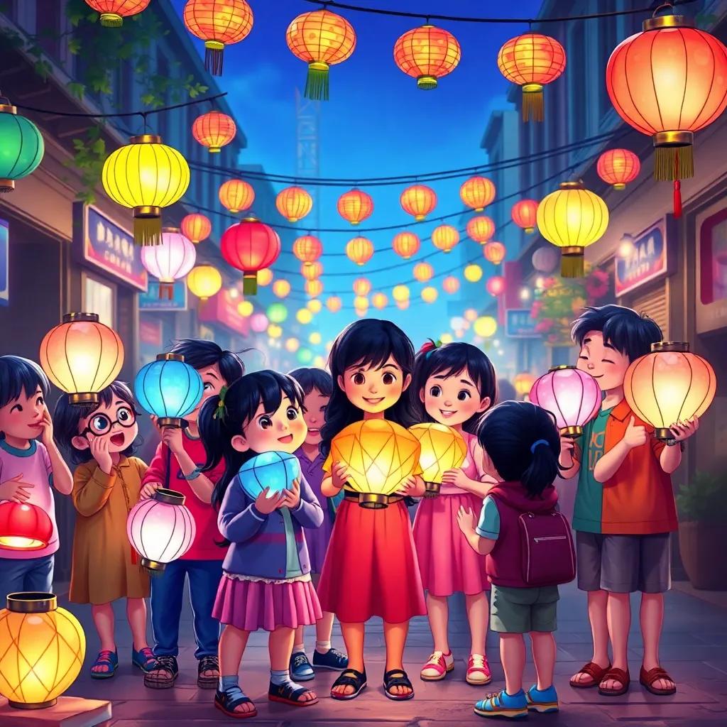 Children gathering in the street with various colorful lanterns, a diverse group including boys and girls excitedly discussing their lanterns, festive decorations around them, digital painting, joyful and engaging atmosphere, bright lights