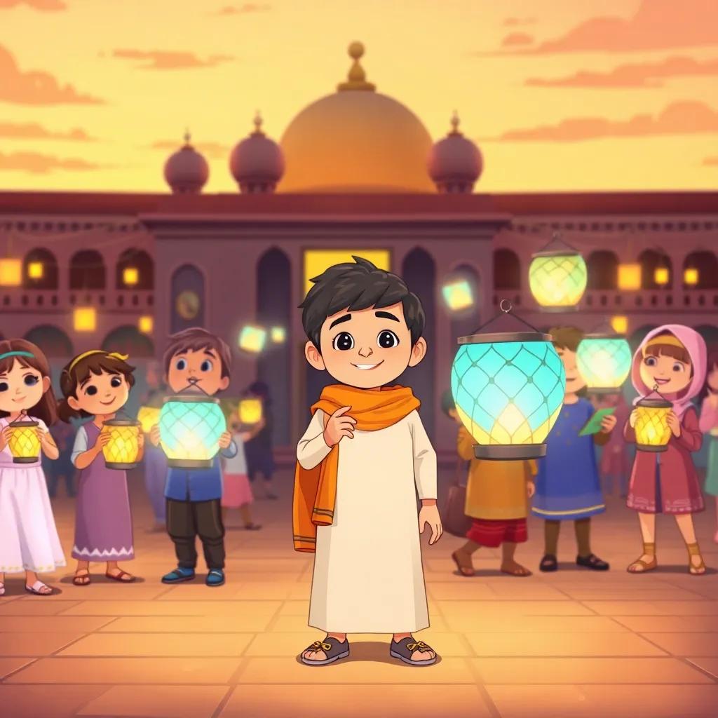 Sami standing in the square with other kids, showcasing their beautiful lanterns, a sense of competition and fun among them, lively background with a warm sunset, illustration, pastel colors, joyful and community-oriented