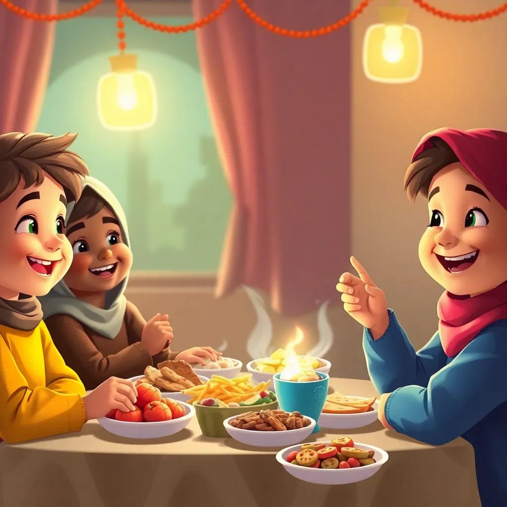 The children enjoying their iftar together, sitting around a table filled with delicious foods, their smiles radiating happiness, warm and inviting ambiance, digital art, colorful and detailed, heartwarming quality