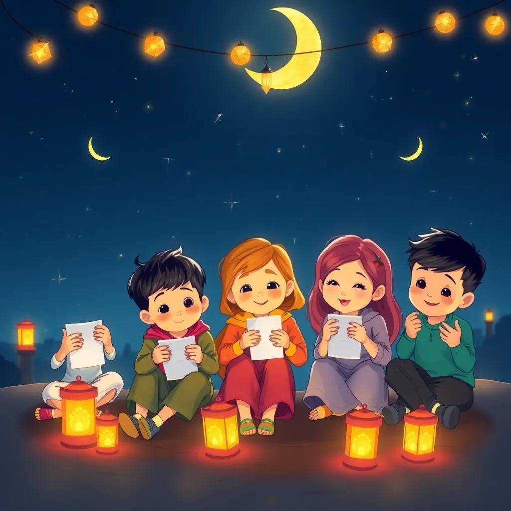 A bright night scene of the children writing their wishes for Ramadan, sitting together with their lanterns glowing softly around them, illustration, magical and hopeful, cozy atmosphere, child-friendly