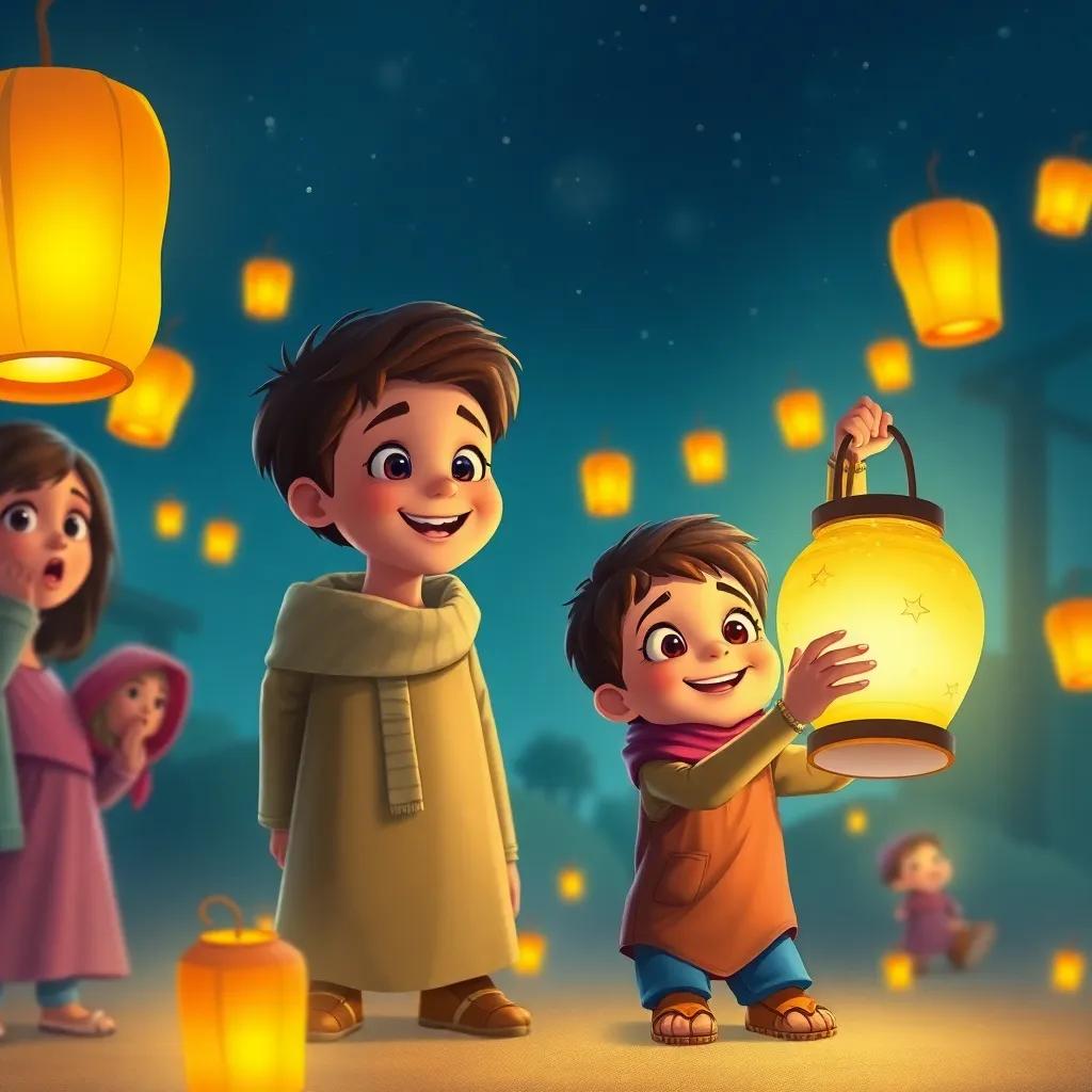 The kids' excited faces illuminated by the glowing lanterns, Sami holding his beloved lantern and dreaming of more festivities, stars twinkling above, digital painting, whimsical and bright colors, high quality