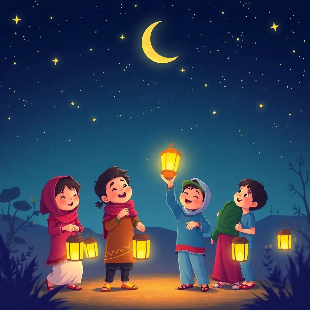 The kids singing Ramadan songs under the stars, their lanterns lighting up the scene, a sense of joy and unity in the air, illustration, vibrant and lively atmosphere, child-friendly
