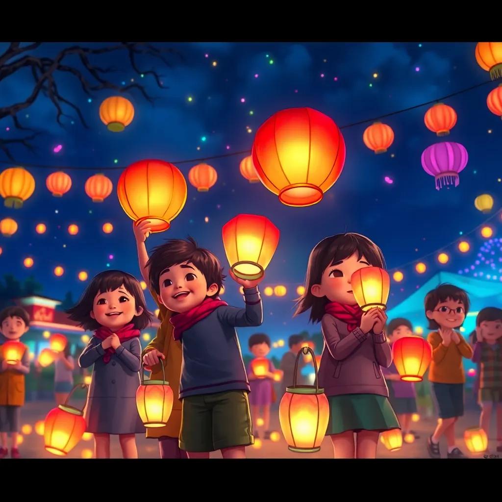 A night scene of joyful celebration with the children, lanterns in their hands, a beautiful glowing festival atmosphere, colorful lights illuminating the night, digital painting, detailed and inviting, heartwarming