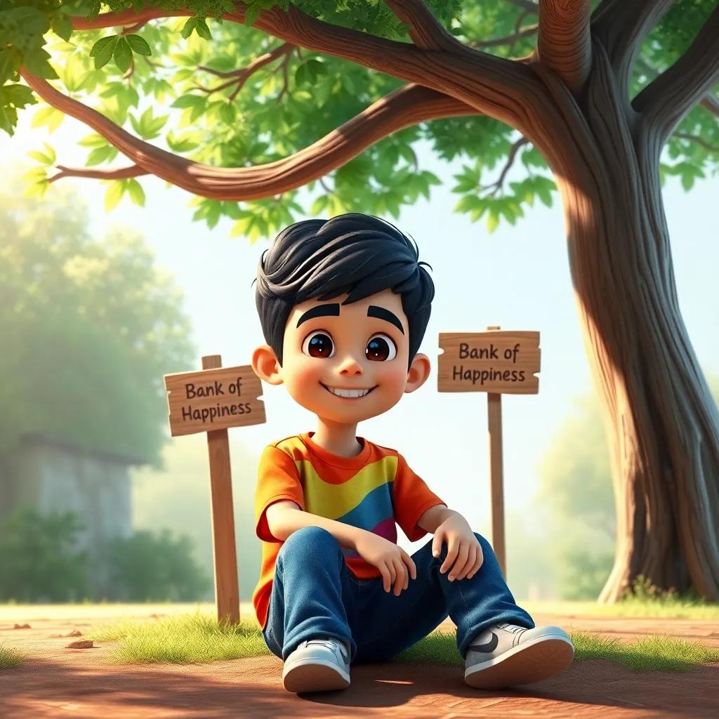 A young Arab boy, Sami, with short black hair, wearing a colorful t-shirt and jeans, sitting under a big tree with a small wooden sign that says 'Bank of Happiness', cheerful atmosphere, bright colors, whimsical style, child-friendly, digital art