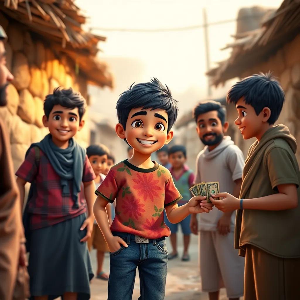 Sami, a young Arab boy with short black hair in a colorful t-shirt and jeans, standing happily among his friends in a village, lending them small amounts of money in a playful, friendly way, warm light, joyful expressions, vibrant, storytelling scene