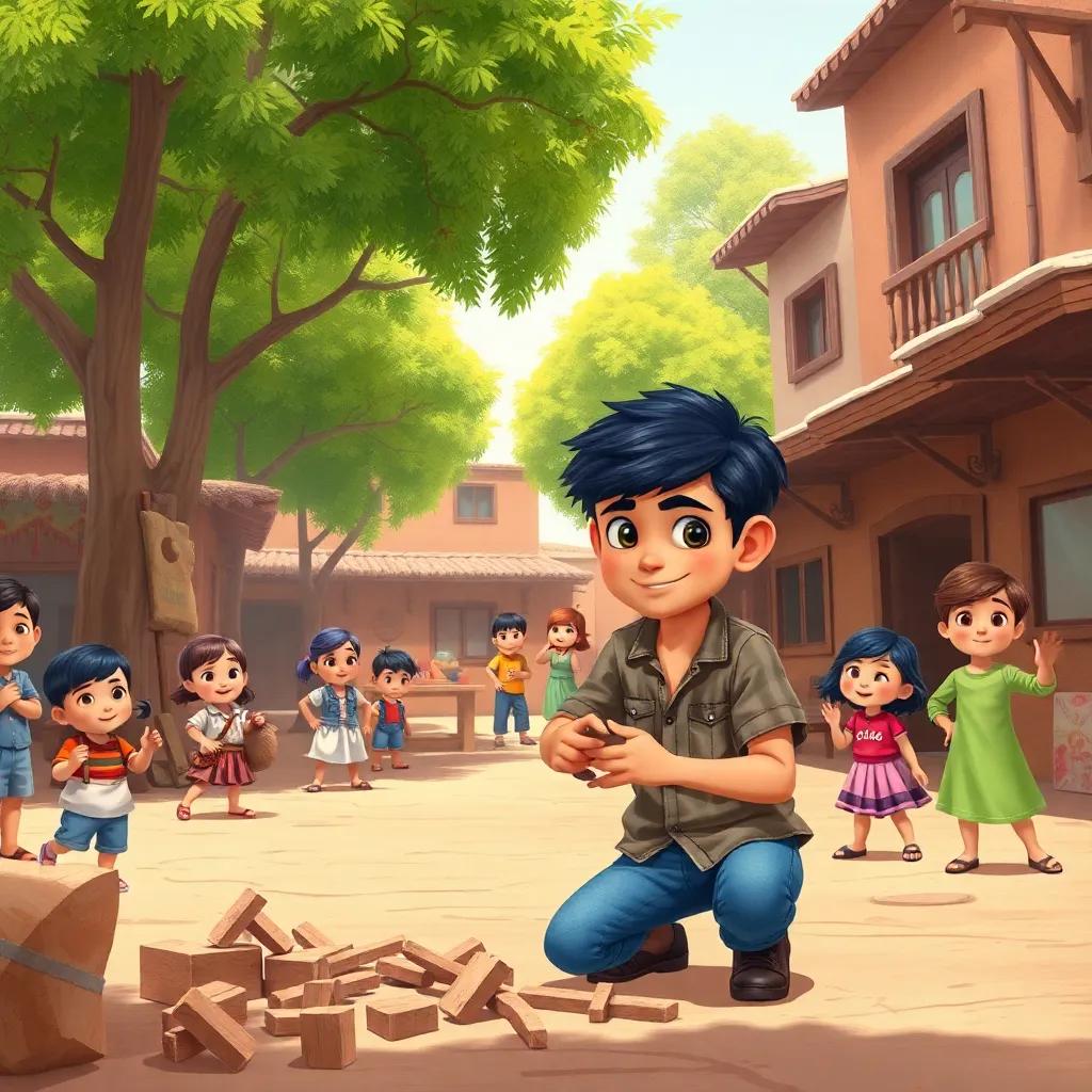 A young Arab boy named Sami with short black hair, wearing a simple shirt and jeans, working hard with wooden pieces in a village square amidst trees and happy children, illustration, vibrant colors, cheerful atmosphere, high quality