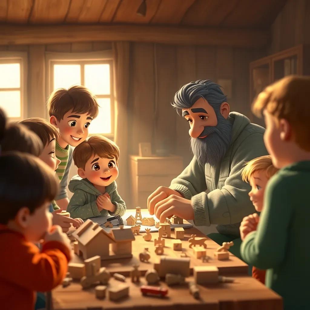Sami working on small wooden toys, surrounded by kids watching with excitement, detailed digital art, warm light, inviting colors, engaging perspective, high quality