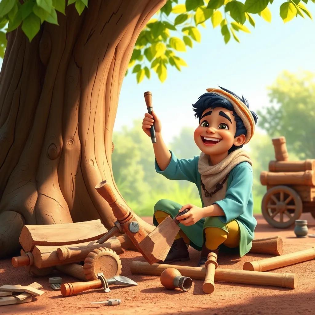Sami joyously cutting wood for a wooden cart under the tree, sitting on the ground with tools around him, smiling and focused, child-friendly style, bright colors, sunny day, high quality
