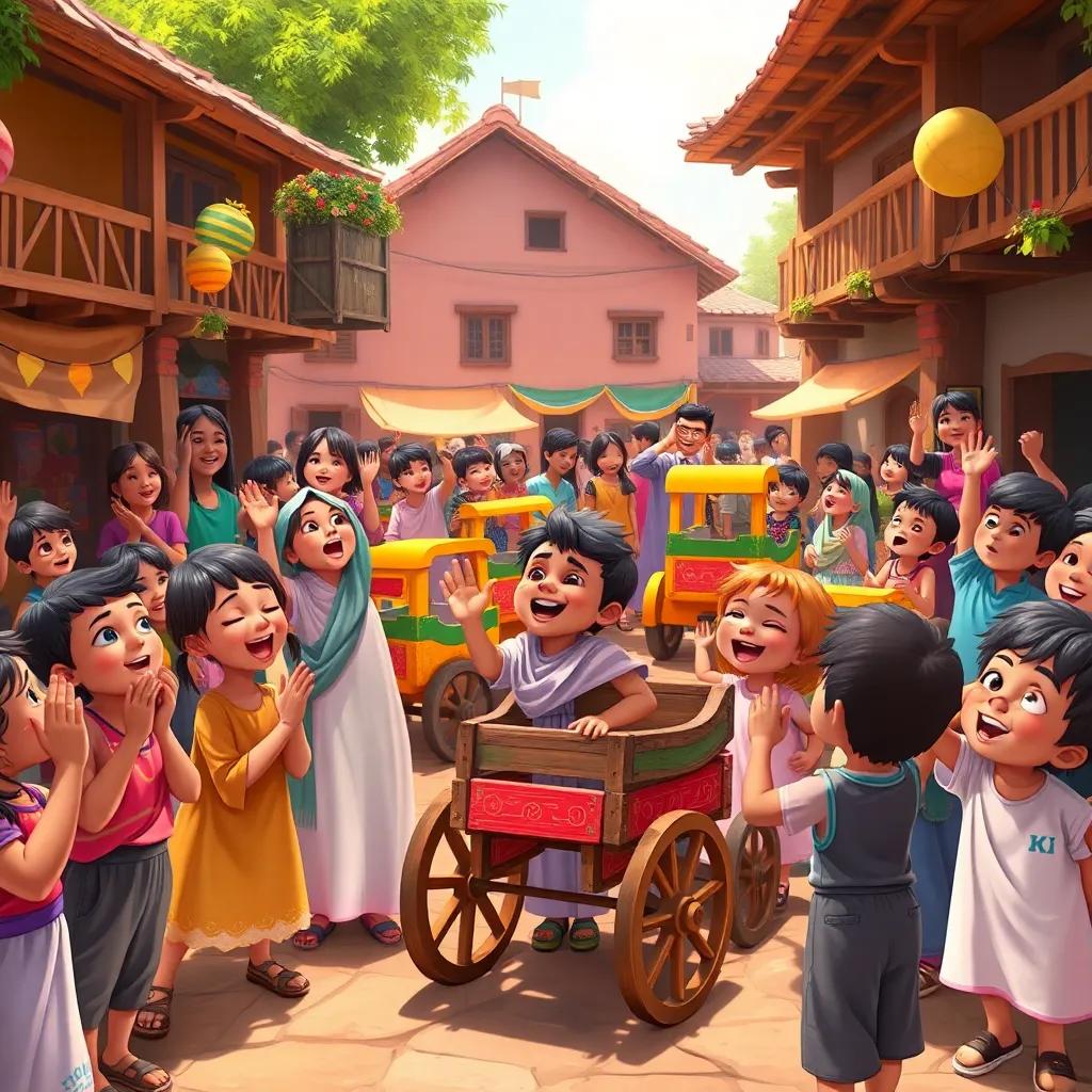 Children cheering in the village square as Sami shows off his colorful wooden carts, laughter and joy all around, joyful digital painting, bright colors, celebratory atmosphere, high quality