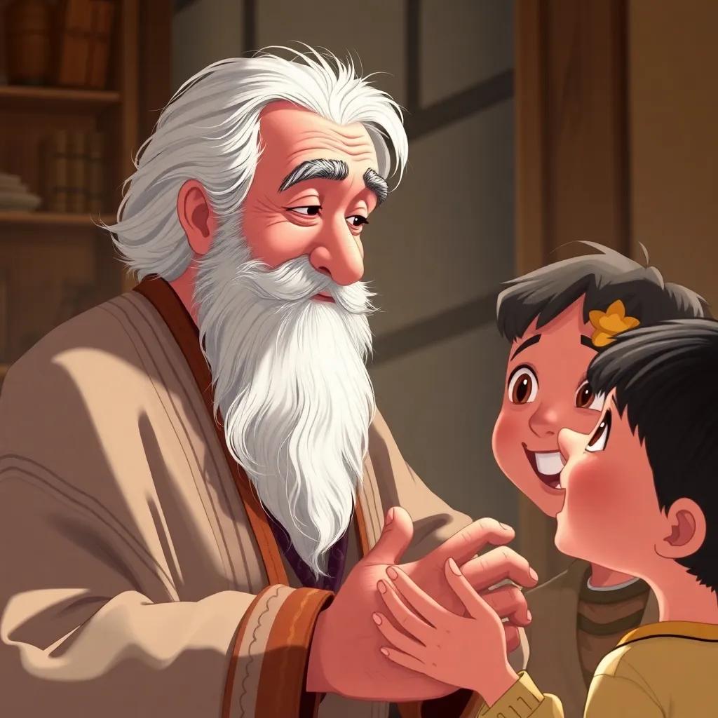 An elderly man with a long beard and traditional robe admiring Sami's work, smiling and talking, surrounded by amazed children, detailed illustration, warm light, welcoming atmosphere, high quality