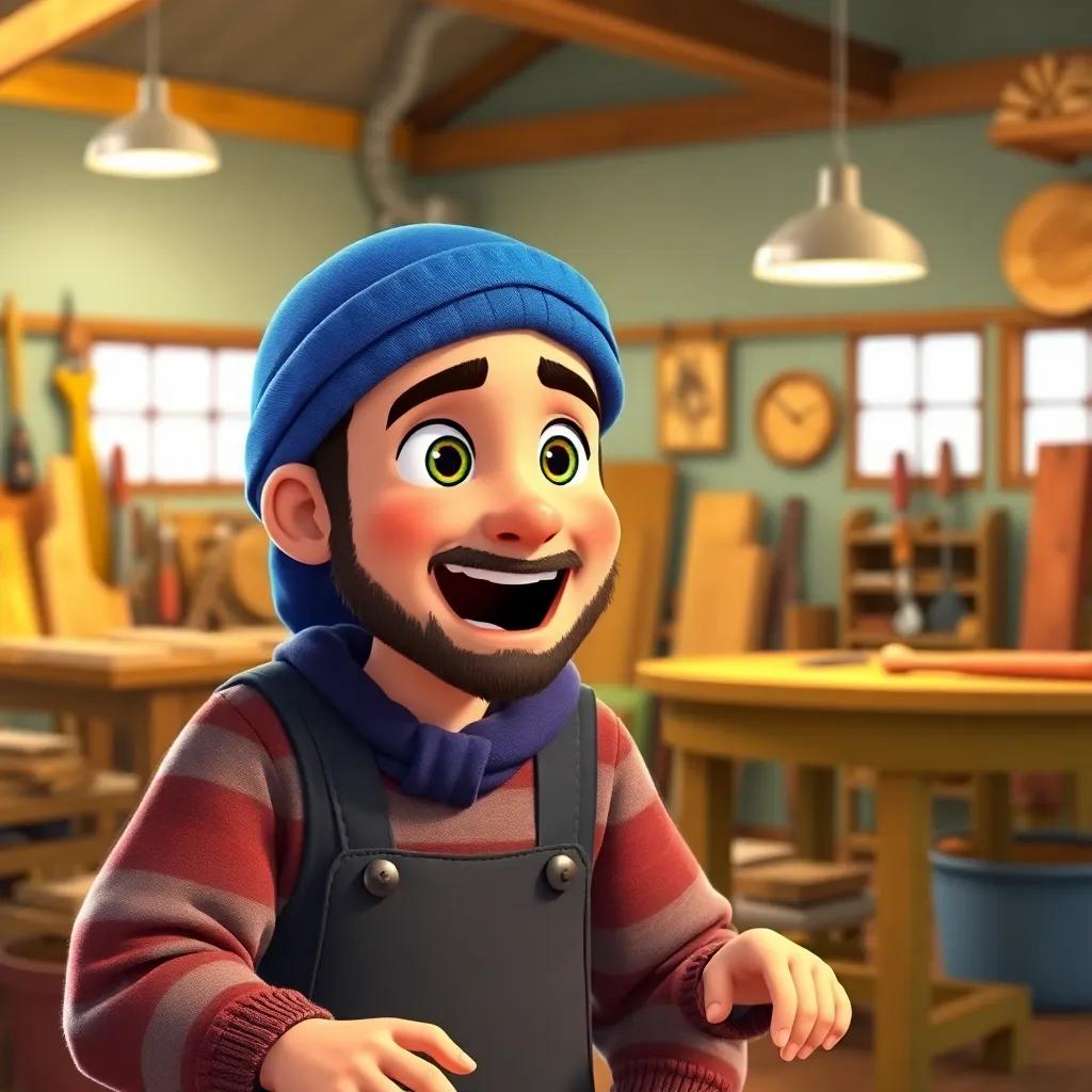 Sami receiving a special invitation to train in a workshop, excitement on his face, in the background, tools and woodwork, conversational style, bright colors, heartwarming scene, high quality