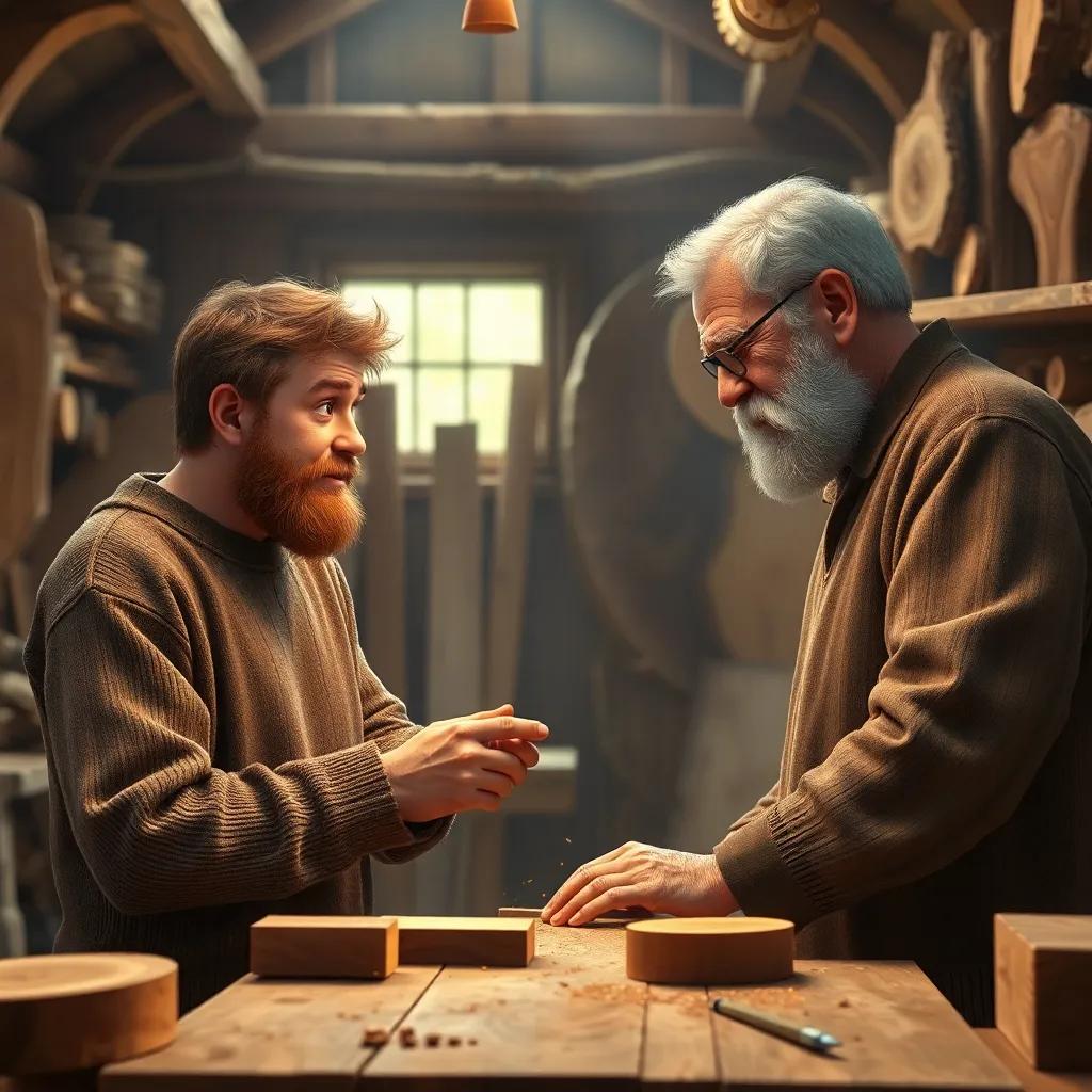 Sami diligently learning new woodworking skills, listening to an old man, in a well-lit workshop surrounded by beautiful wood pieces, detailed digital art, harmonious light, inspiring atmosphere, high quality