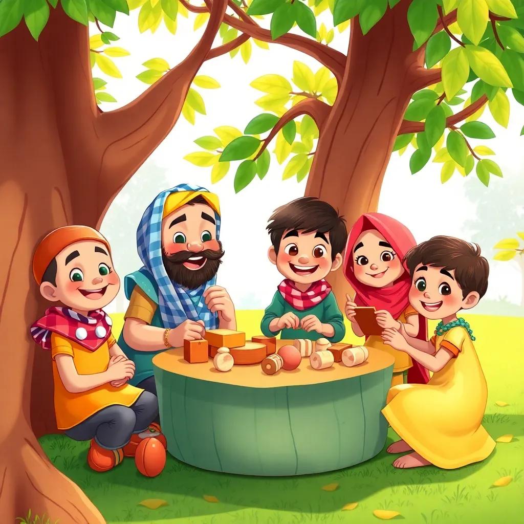 Sami teaching his friends how to create wooden toys, all of them smiling and working together under the tree, vibrant and colorful scene, cheerful children's illustration, high quality