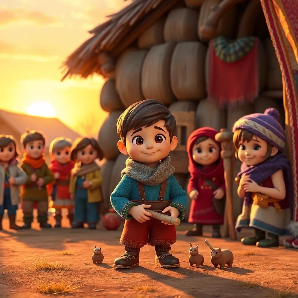 Sami, now older, returns to his village with new skills and wooden toys, friends gathered around him, bright colors, warm sunset, golden hour scene, uplifting atmosphere, high quality