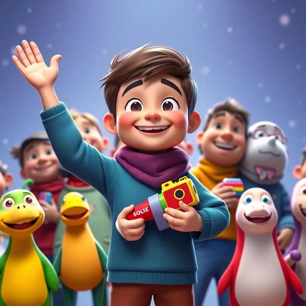 Sami proudly standing among his friends, all holding their toys, his face shining with happiness, united and proud, joyful atmosphere, colorful and vivid, high quality