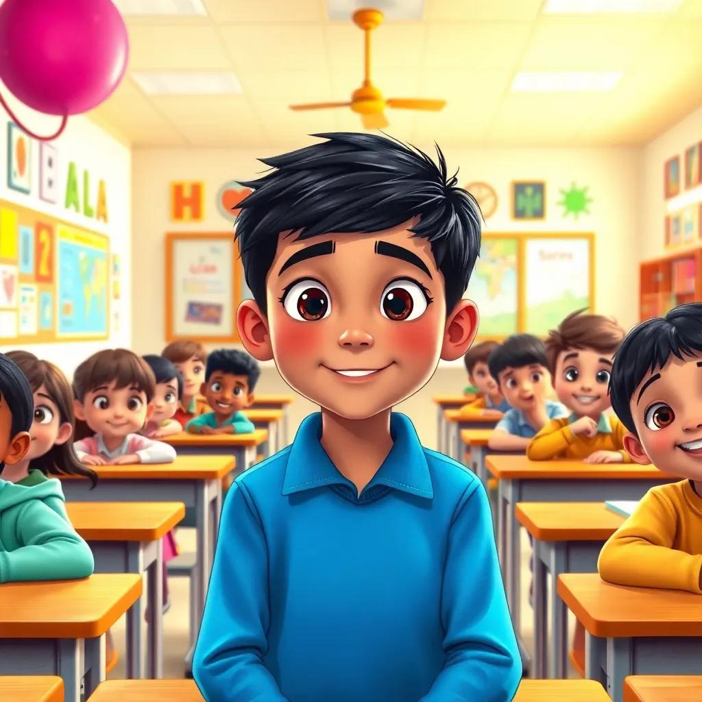 A classroom with children sitting at desks and a new boy named Ali, a young Arab boy with short black hair, wearing a blue shirt. The children look curious and excited to see him, bright classroom environment, colorful decorations, cheerful atmosphere, digital art, detailed, vibrant colors, warm light, inviting scene, high quality