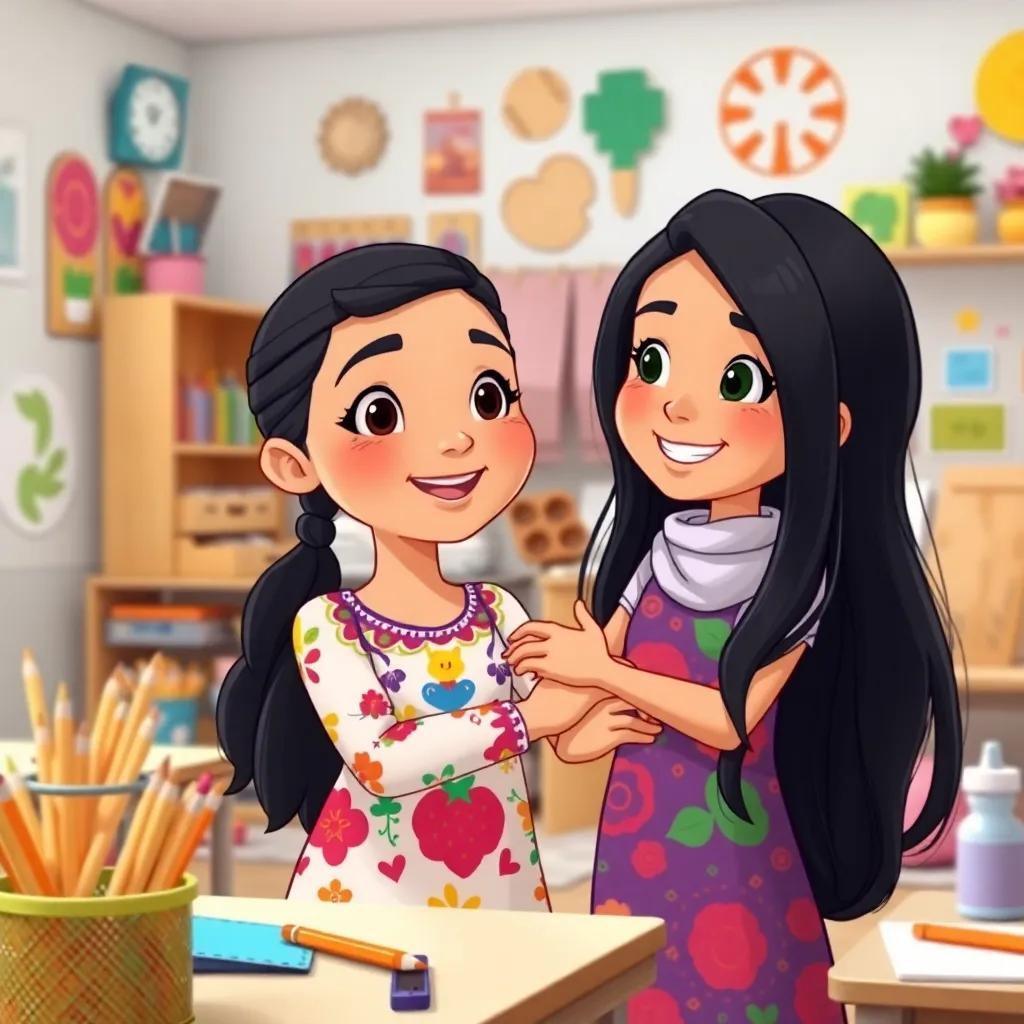 A young Arab girl named Sarah, with long black hair wearing a colorful dress, smiling and welcoming Ali with open arms in the classroom filled with art supplies, bright colors, joyful expression, friendly interaction, illustration, cheerful, child-friendly, high quality