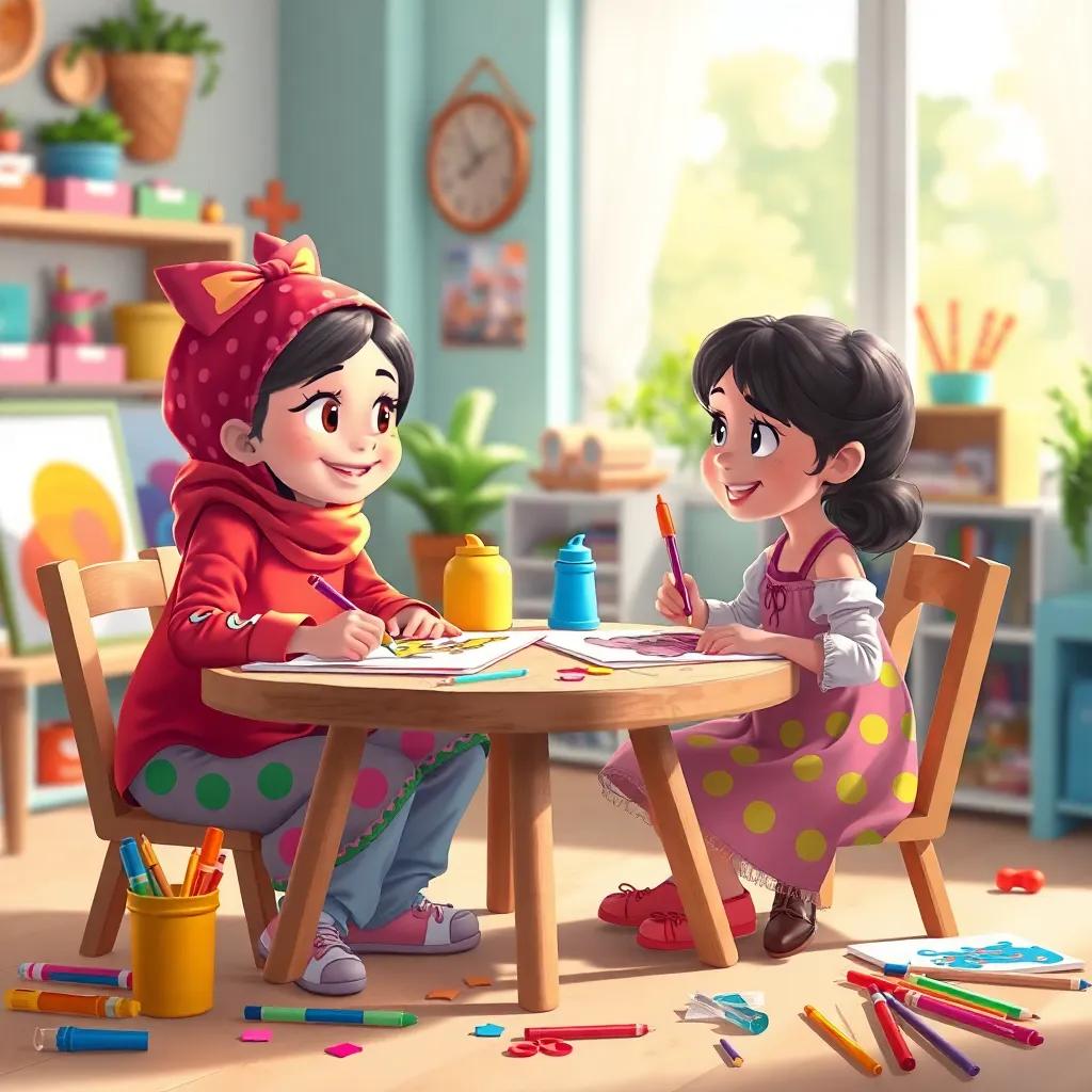 Ali and Sarah sitting at an arts and crafts table, drawing colorful pictures together, Ali drawing a tiger and Sarah painting a bird, colorful art supplies scattered around, bright environment, happy and creative atmosphere, digital art, lively, high quality