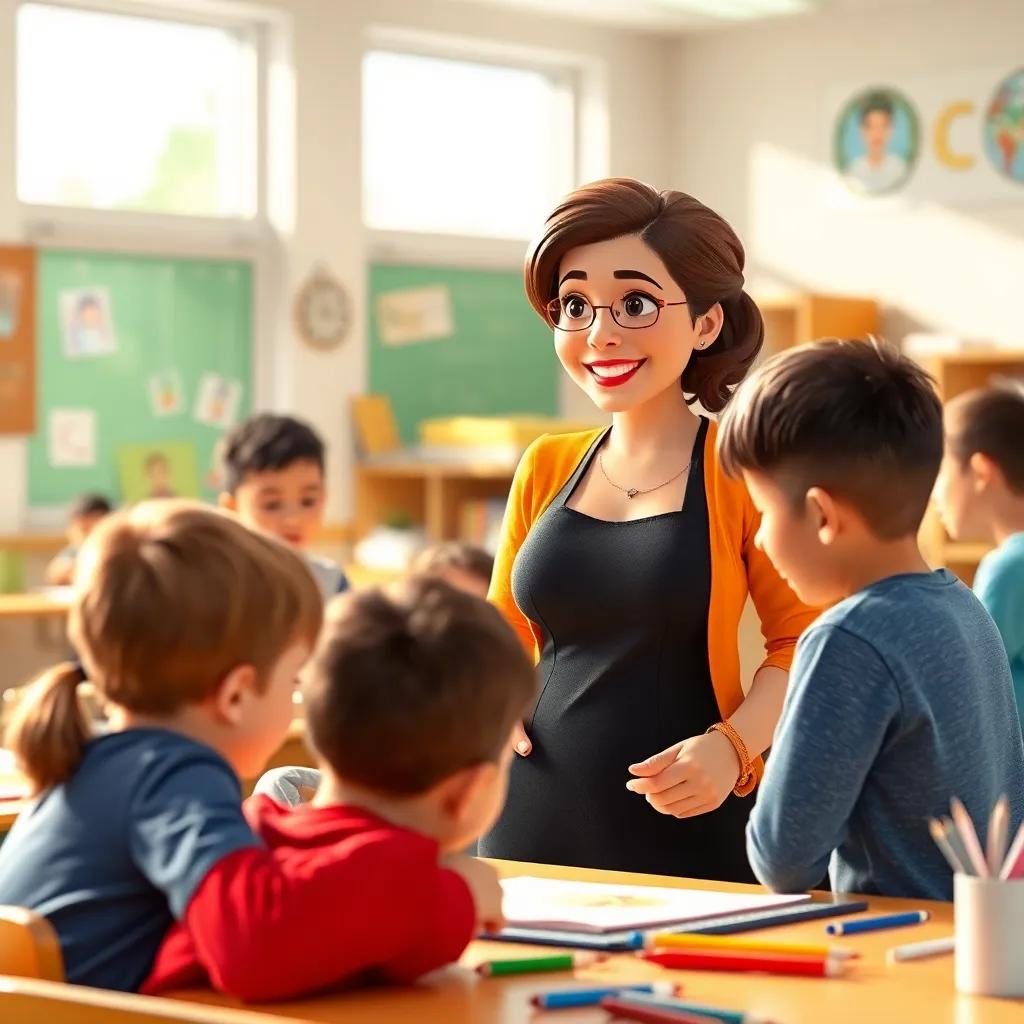 A teacher in the classroom looking pleased, observing the students as they engage in art, smiling and encouraging them, bright classroom, interesting learning environment, digital art, warm light, inviting, high quality