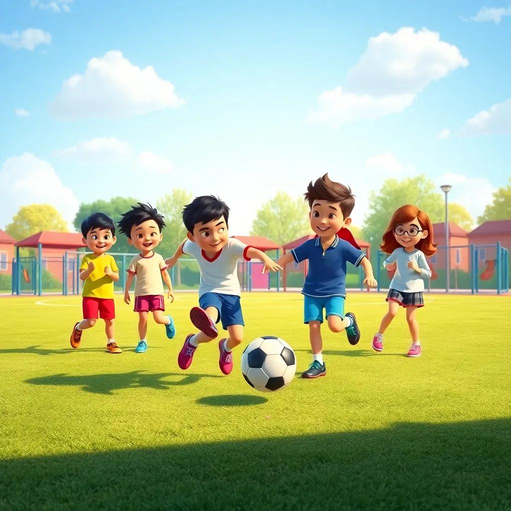 A playground with Ali, Sarah, and their friends playing soccer, Ali is kicking the ball with enthusiasm while others cheer him, sunny day, vibrant playground scene, happy atmosphere, digital art, colorful, high quality