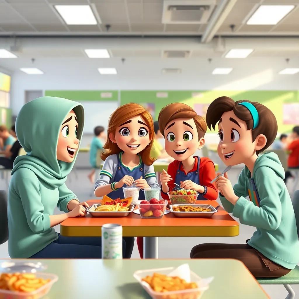Ali and Sarah with their friends sitting together at lunch, discussing their favorite games, showing animated expressions, bright cafeteria with lots of food, fun and energetic atmosphere, digital art, lively, high quality