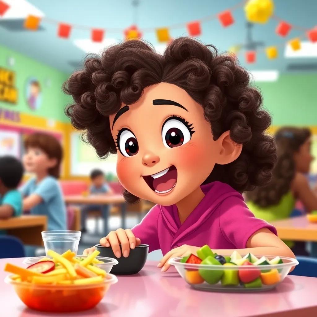 A young girl named Lina, with curly hair, excitedly talking about soccer with Ali during lunch, enthusiastic expressions, vibrant cafeteria setting, colorful decorations, digital art, friendly, high quality