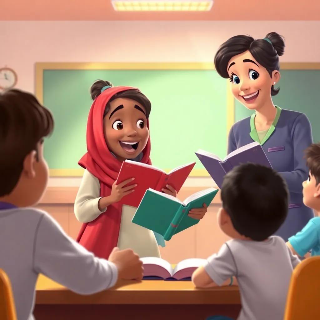 A reading competition in the classroom, Ali reading passionately to the class, children listening intently, teacher smiling at them, animated environment, digital painting, bright and inviting, high quality
