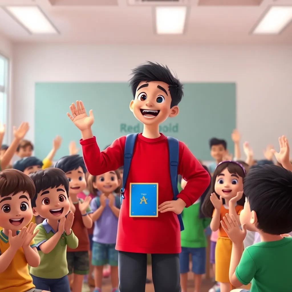 Ali standing proudly with his classmates after finishing the reading competition, everyone clapping and cheering, joyful expressions, celebratory atmosphere, digital painting, colorful, high quality