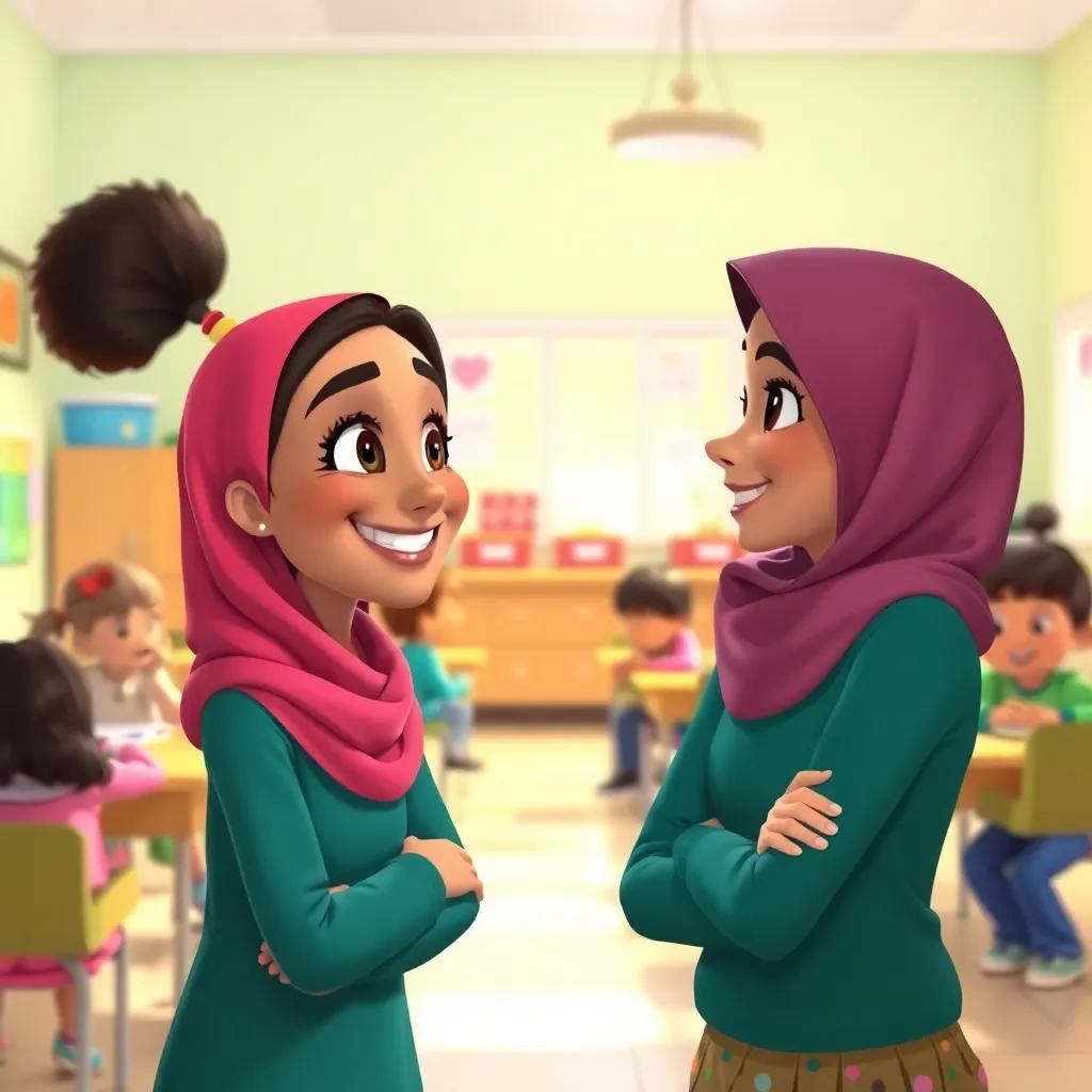 Ali smiling with a warm expression, turning to Sarah and thanking her for her friendship, a bright classroom background with children engaged in activities, heartwarming scene, digital painting, vibrant colors, inviting, high quality