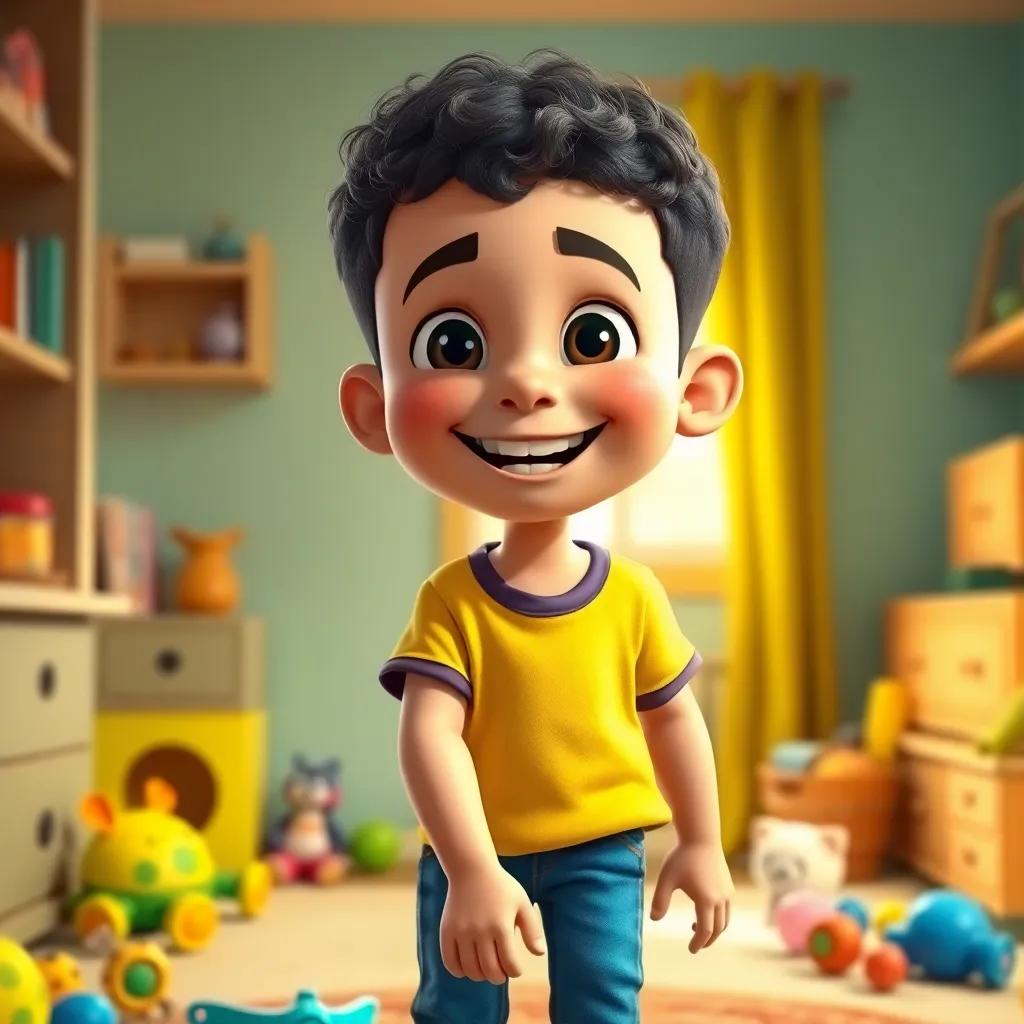A young Arab boy, Sami, with short curly hair, wearing a bright t-shirt and jeans, happily cleaning his room with a big smile, colorful toys around, digital art, cheerful atmosphere, warm light, vibrant colors, high quality
