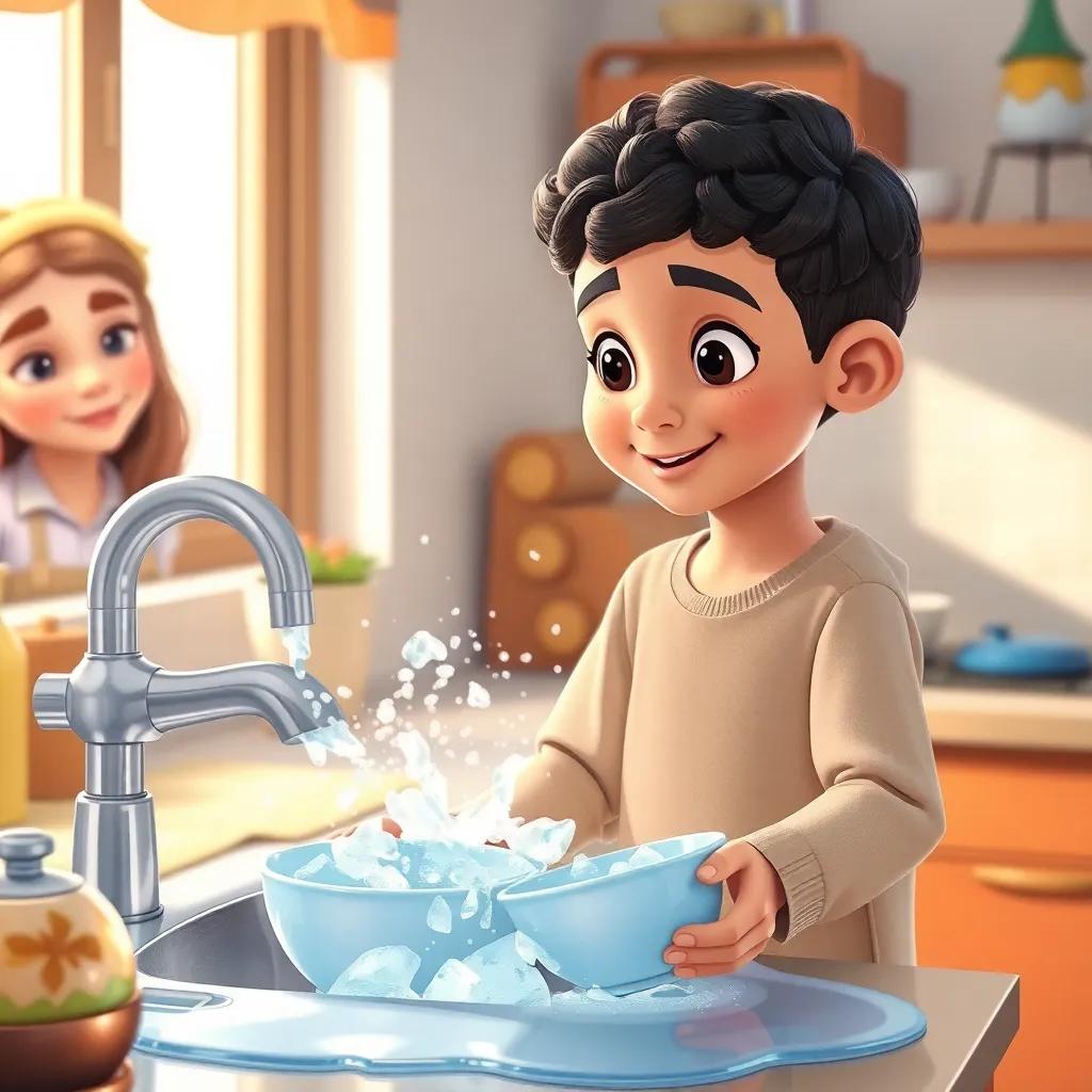 Sami, a young Arab boy with short curly hair, in the kitchen washing sparkling dishes, with soapy water splashing, his mother smiling nearby, cozy home setting, digital art, homey, bright light, child-friendly