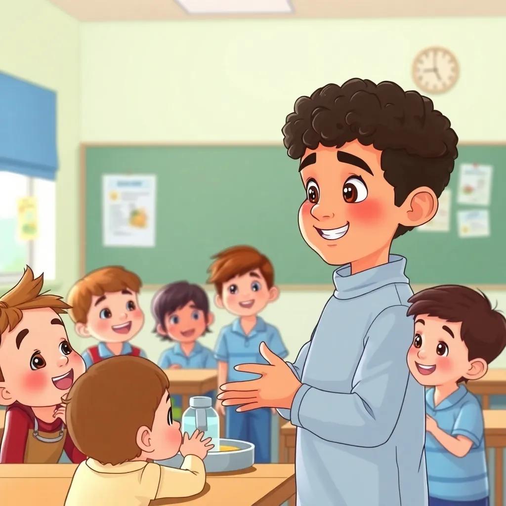 Sami, a young Arab boy with short curly hair, talking to his friends in a school classroom about washing hands before snacks, children listening with excitement, cheerful classroom atmosphere, illustration, inviting colors, friendly