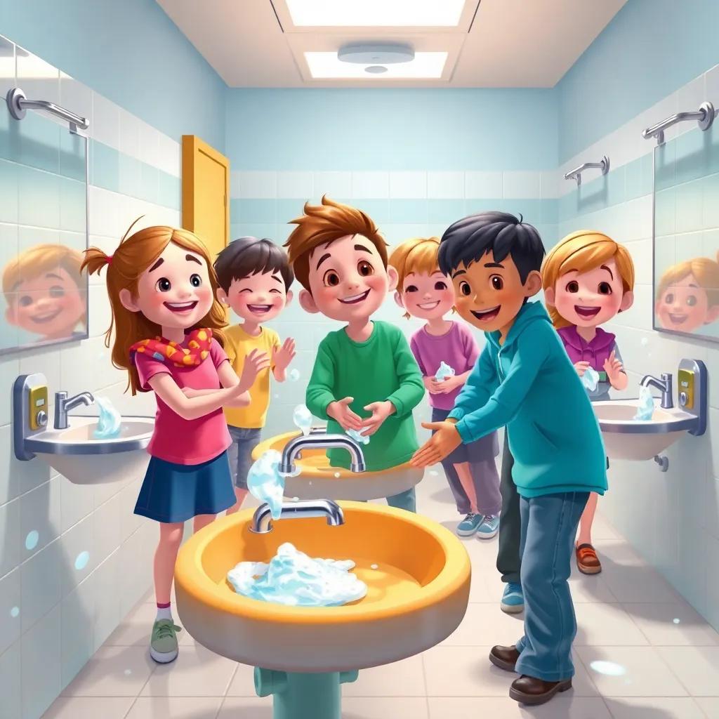 A group of kids happily washing their hands in a bright school bathroom, led by Sami, with smiles and bubbly soap, playful elements, digital painting, fun, colorful, uplifting