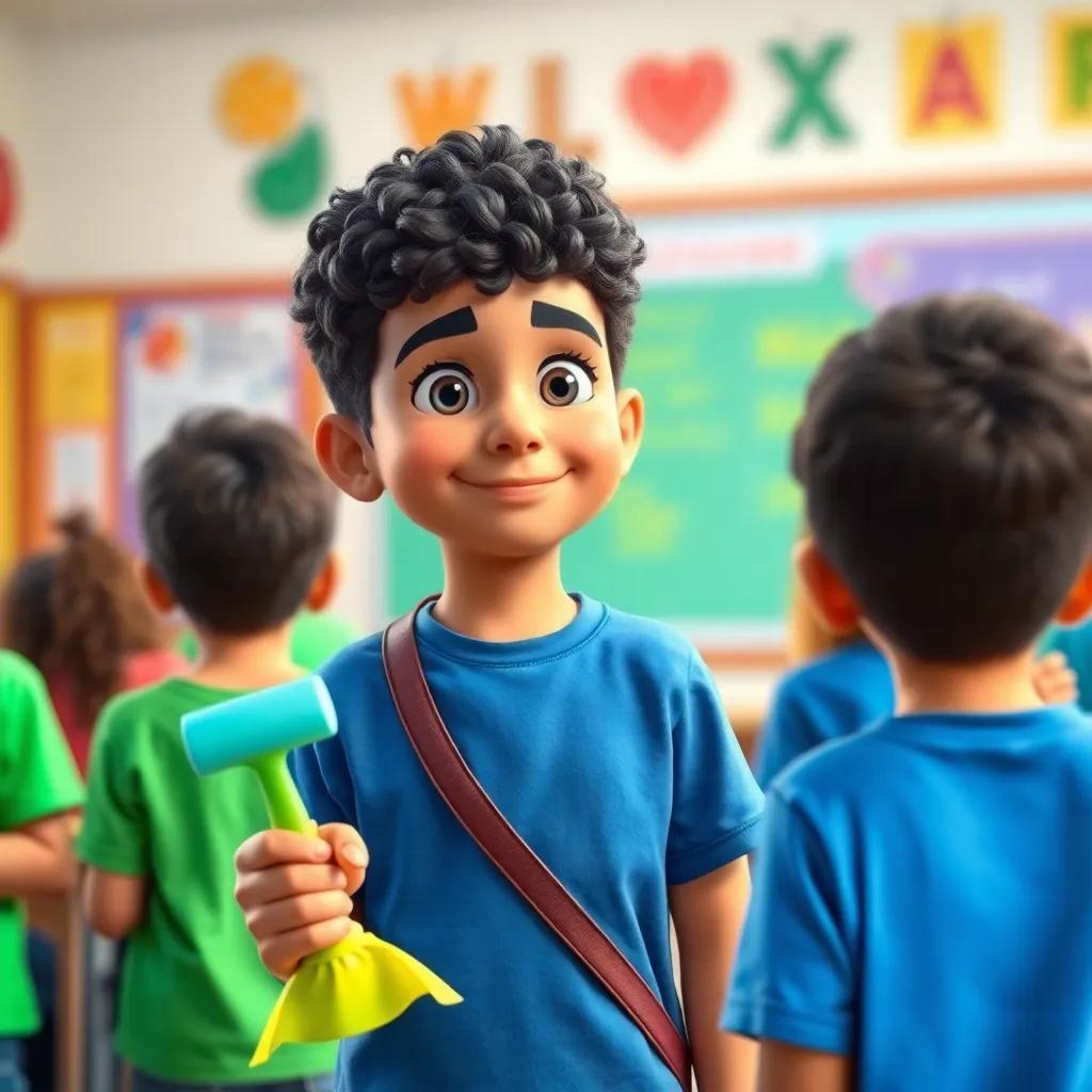 Sami, a young Arab boy with short curly hair, holding a cleaning tool, standing in front of classmates, cheering for a cleaning competition, vibrant classroom, digital art, energetic vibe, colorful