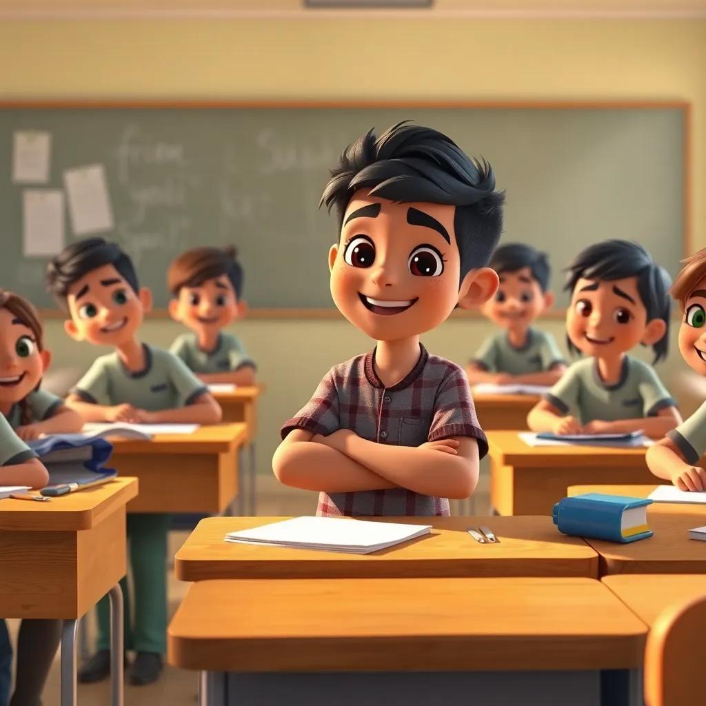 A young Arab boy, Sami, encouraging his friends cleaning the classroom together, with messy desks turning tidy, smiles all around, digital artwork, motivated environment, warm lighting
