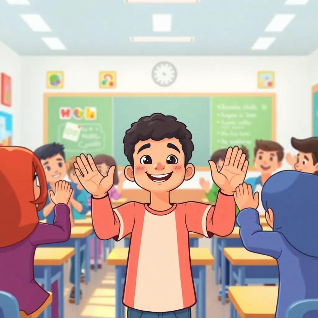 Sami, a young Arab boy with short curly hair, clapping hands with friends in a clean classroom, everyone feeling joyful and proud, colorful and happy classroom, illustration, friendly