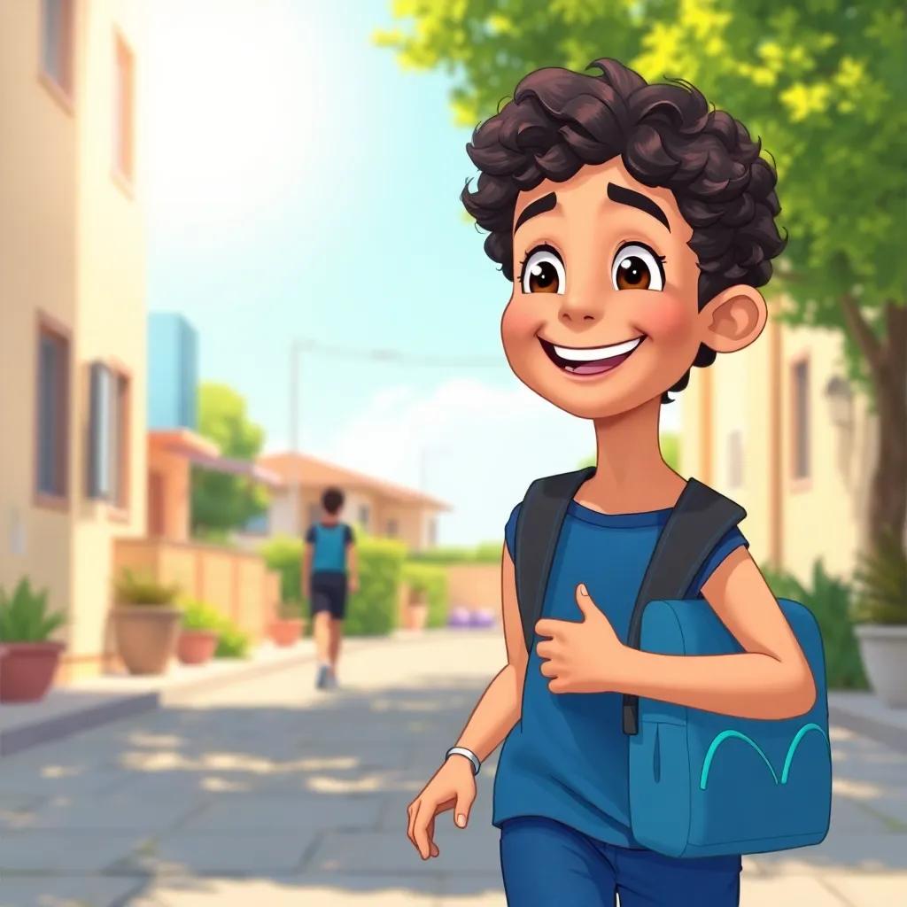 Sami, a young Arab boy with short curly hair, skipping home from school with a big smile, telling his mom about the cleaning competition, bright sunny day, digital art, joyful atmosphere, vivid colors, high quality