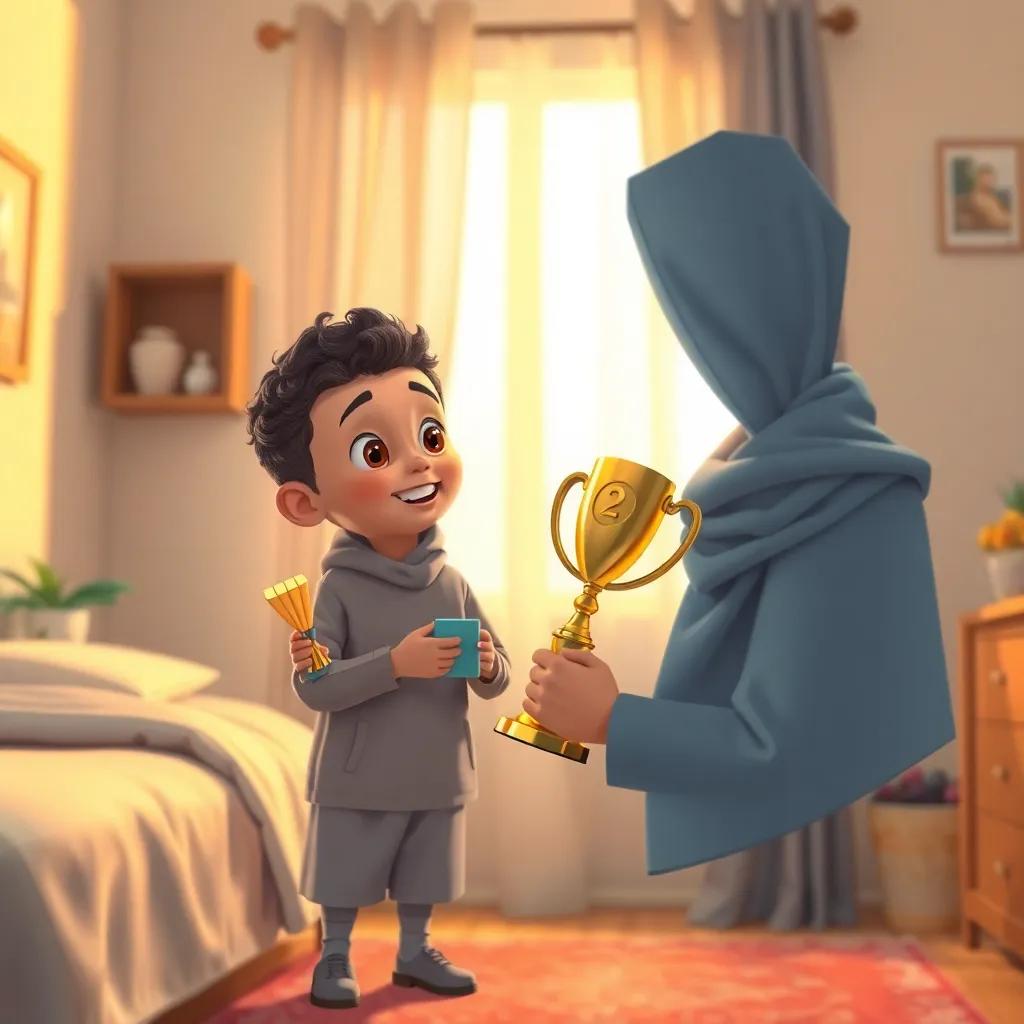 Sami, a young Arab boy with short curly hair, showing his mom a perfectly clean room, a trophy in hand for winning the cleaning competition, warm home lighting, heartwarming scene, digital art, uplifting