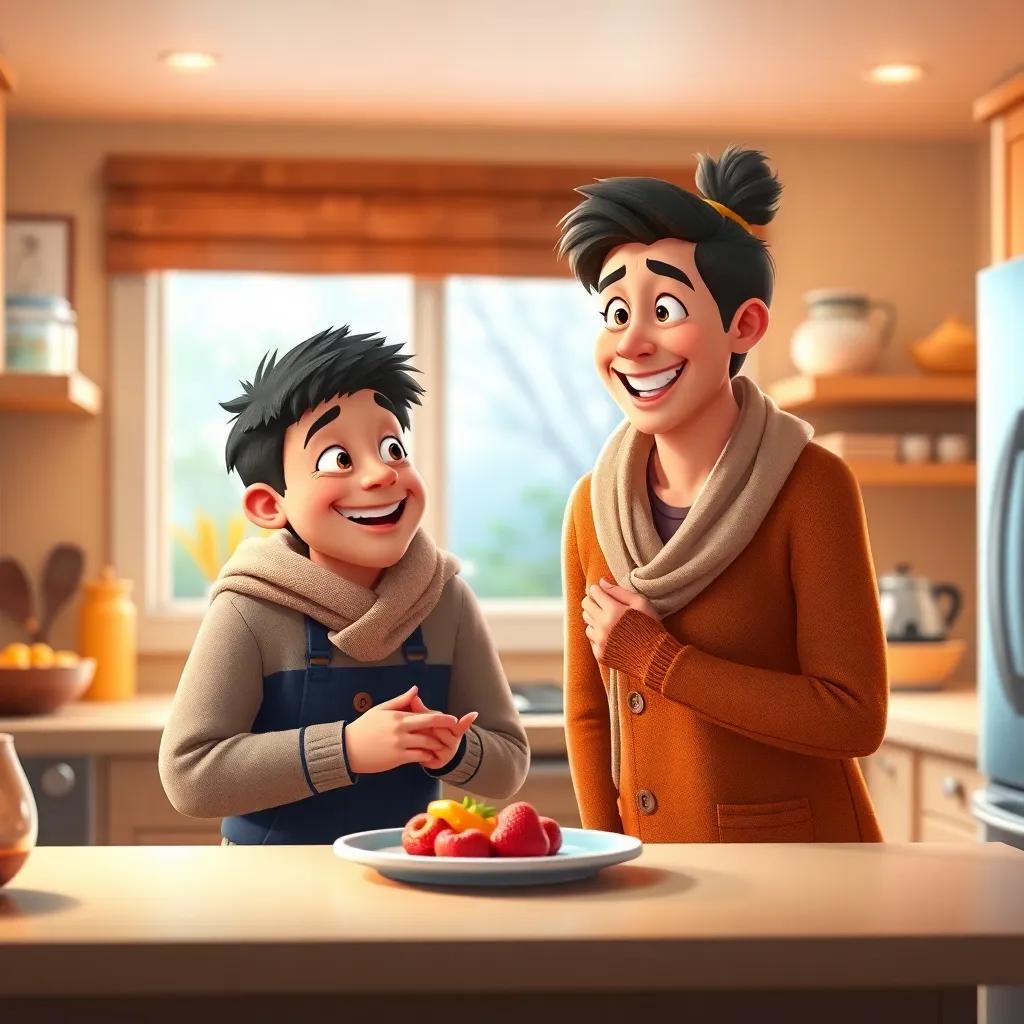 Sami and his mom, both smile, in a bright kitchen, celebrating his achievements with a joyful conversation after the competition, cozy setting, digital painting, welcoming, warm colors, high quality